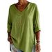 Women's Street Fashion V Neck Long Sleeve Cotton Linen Shirt Solid Color Loose Top European American_ecoleips.com