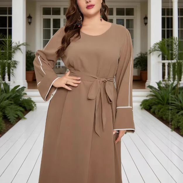 Exclusive Cross-border Plus-size Muslim Dress, New Autumn Style, Round Neck, Tie-waist, Contrasting Color Ll-sleeve_ecoleips.com