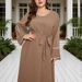 Exclusive Cross-border Plus-size Muslim Dress, New Autumn Style, Round Neck, Tie-waist, Contrasting Color Ll-sleeve_ecoleips.com