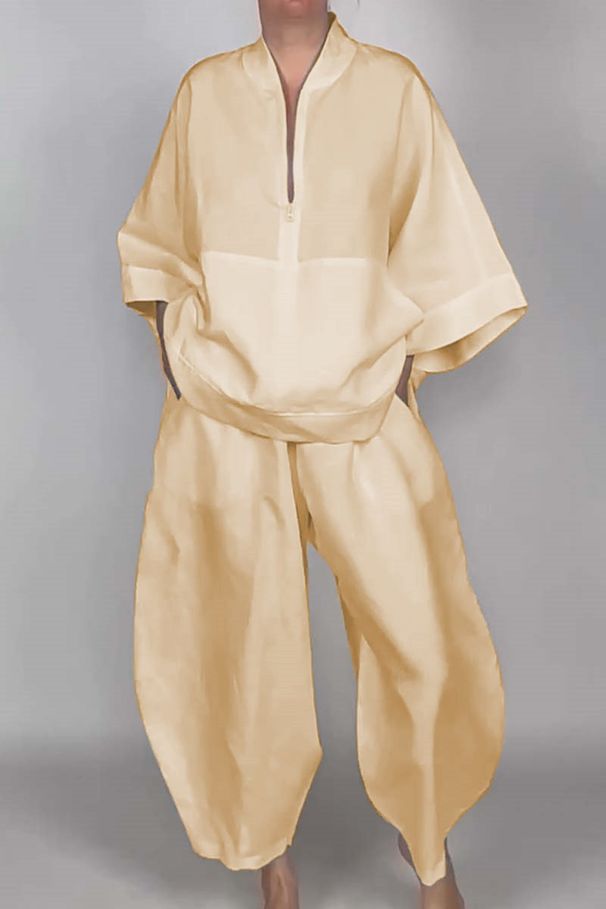 Women's Clothing Loose Casual Solid Color Pocket Half Zipper Top Flower Bud Pants Set_ecoleips.com