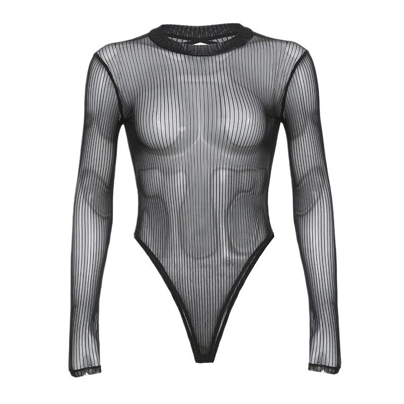 European American Style See through Striped Mesh Bodysuit Slim Fit Base Layer Summer Hot Girl Versatile Top Women's Clothing_ecoleips.com