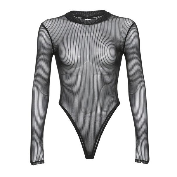 European American Style See through Striped Mesh Bodysuit Slim Fit Base Layer Summer Hot Girl Versatile Top Women's Clothing_ecoleips.com