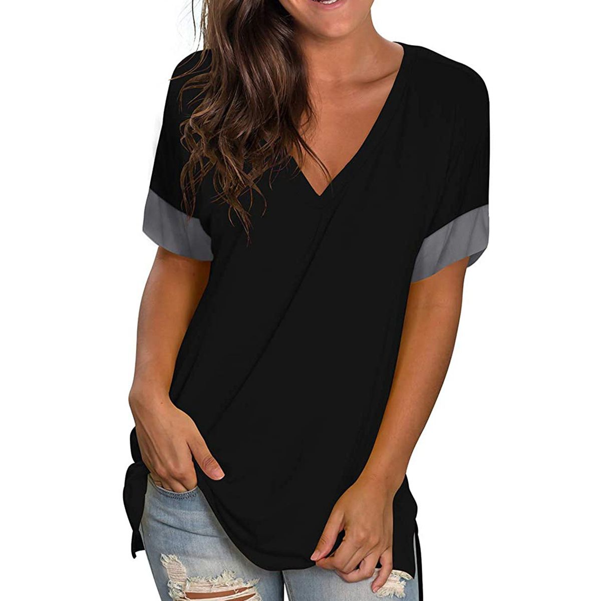 2024 Europe And The United States Spring And Summer Cross-border New Women's Base Shirt Solid Color V-neck Short-sleeve Stitchin_ecoleips.com