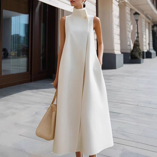 New Office Sleeveless Pocket Vest A-line Dress Ladies Casual Street Stand Collar Solid Long Dress Fashion Irregular Summer Dress_ecoleips.com