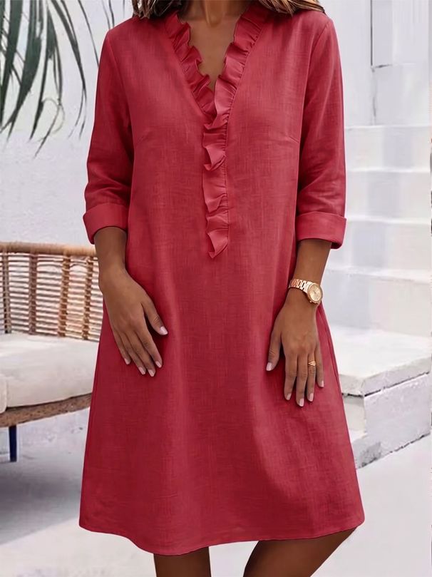 Women's V Neck Ruffled Long Sleeve Shirtdress – Slim Fit Casual Office Spring Dress 2026_ecoleips.com