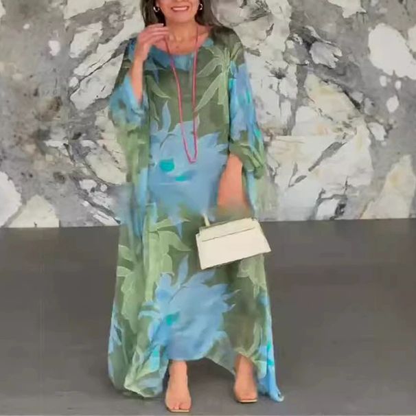 New Batwing Sleeves Loose Party Dress Ladies Elegant O-neck Swing Beach Dress 2026 Vintage Pattern Printed Vacation Long Dress_ecoleips.com