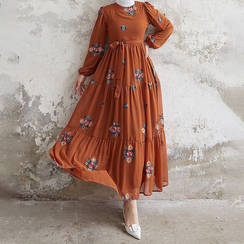 Women's Clothing Middle East Muslim New Solid Color Embroidered Belt Fashion Elegant Dress_ecoleips.com