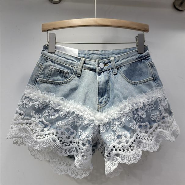 European Station New Denim Shorts Women's High Waist Embroidery Lace Stitching Loose Versatile Wide Leg A Line Hot Pants_ecoleips.com