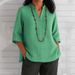 Women's Clothing V Neck Three Quarter Sleeve Cotton And Linen Loose Casual Shirt_ecoleips.com