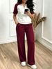 Women's Casual Two-Piece Set Summer New Lapel Zipper Contrast Short Sleeve Top With Elastic Waist Wide Leg Pants Outfit_ecoleips.com
