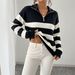 Women's Color Block Striped Collared Half Zip Pullover Sweater Long Sleeve Drop Shoulder Autumn Winter European American Style_ecoleips.com