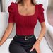 Women's Clothing Waist Top Casual Short Sleeve Textured Leg Of Lamb Sleeve T Shirt_ecoleips.com
