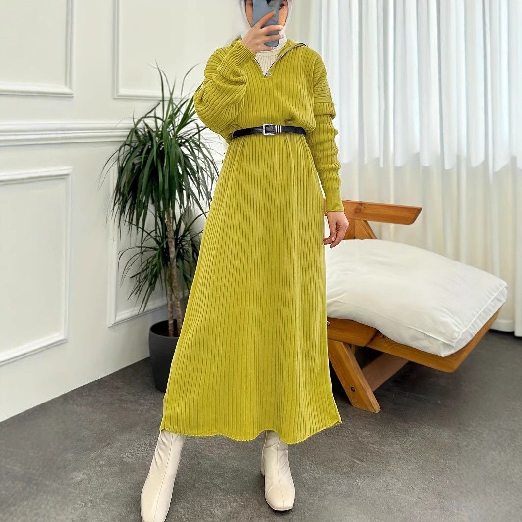 Women's Clothing Ladies' Middle Eastern Muslim Woolen Stripe Fashionable And Elegant Belted Dress_ecoleips.com