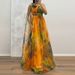 Women Sexy Slanted Neck Bow Tie Up Slim Long Dress Elegant Mesh Waist Banquet Dress Fashion Pattern Printed Asymmetry Long Dress_ecoleips.com