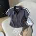 Women's Slimming Short T-Shirt Summer Sporty Zip up Top Black White Color Block Stripes in Stock Real Photos_ecoleips.com