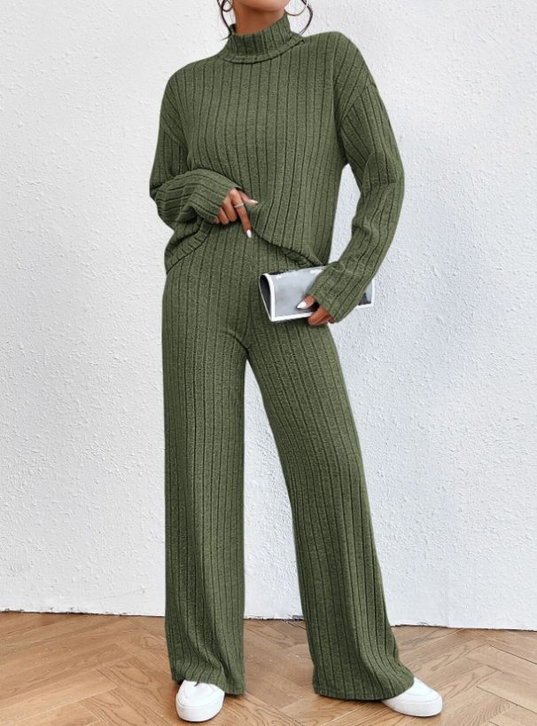 Autumn And Winter Casual High-Neck Knitted Long-Sleeved Suit Women's Sweatshirt Loose Trousers Two-Piece Set_ecoleips.com
