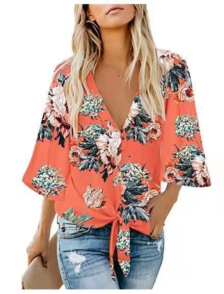 Women's Clothing Summer Temperament Commuting Sun Protection Loose Chiffon V Neck Knotted Shirt_ecoleips.com