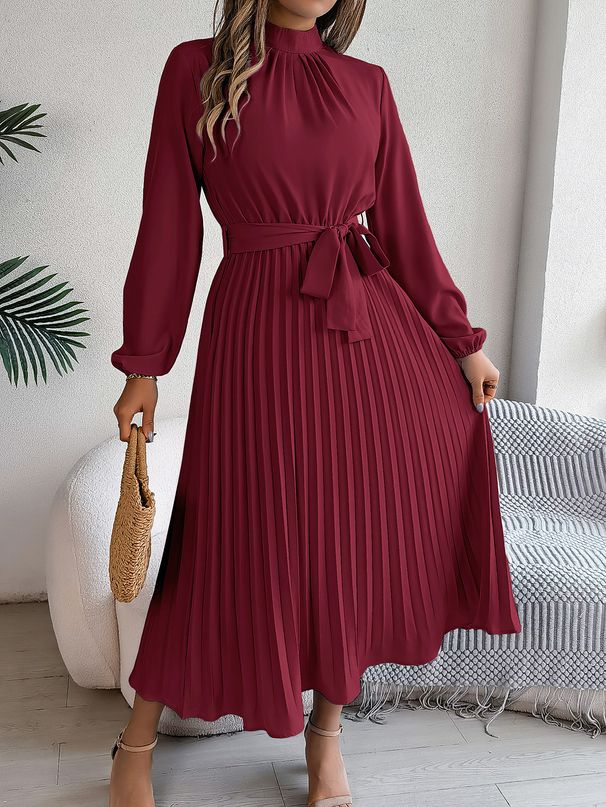 2026 European And American Spring/Summer Elegant Stand Collar Sleeve Waist-Cinching Pleated Long Dress_ecoleips.com