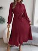 2026 European And American Spring/Summer Elegant Stand Collar Sleeve Waist-Cinching Pleated Long Dress_ecoleips.com
