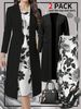 Women's Clothing Two Piece Set Dress Long Sleeved Cardigan Jacket Blue White Color Block Porcelain Print_ecoleips.com