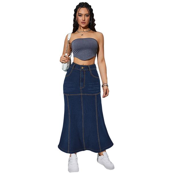 Women's Classic Denim Maxi Skirt, Stretch Washed Denim A-Line Long Skirt, Versatile Plus Size Midi Skirt_ecoleips.com