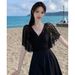 Women's One Piece Swimdress V Neck Sheer Lace Flare Sleeve Tummy Control Modest Summer Beach Vacation Bathing Suit Swimwear_ecoleips.com