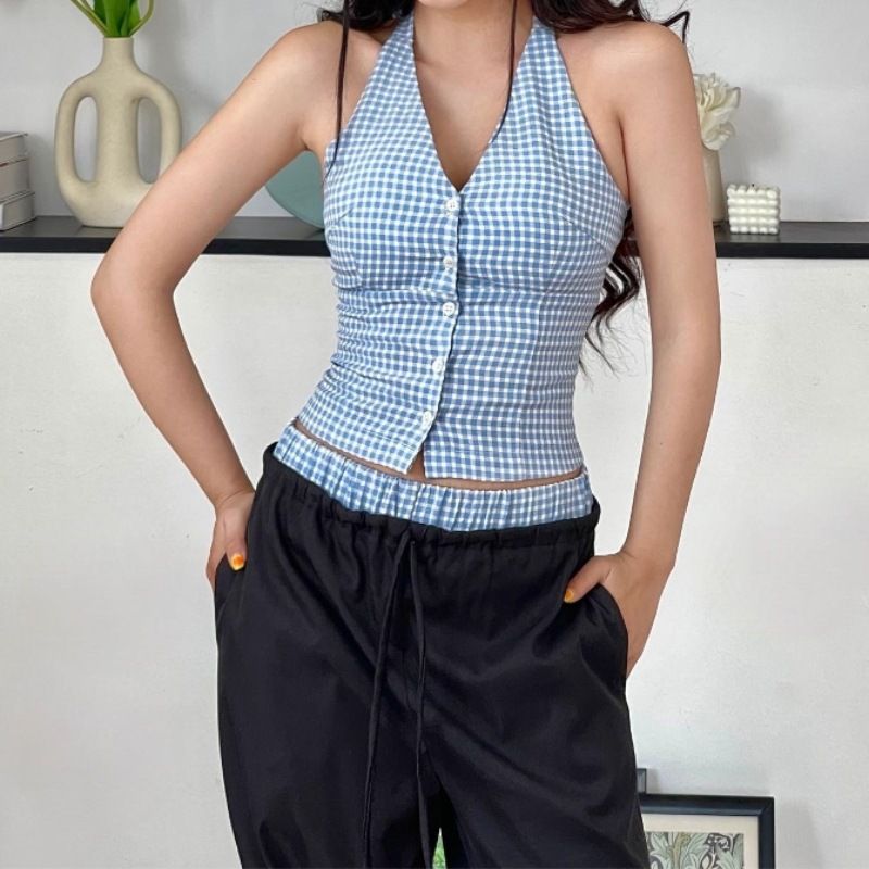 New European American Style Sweet Retro Plaid Halter Top And Loose-fitting Casual Drawstring Long Pants Set For Women_ecoleips.com