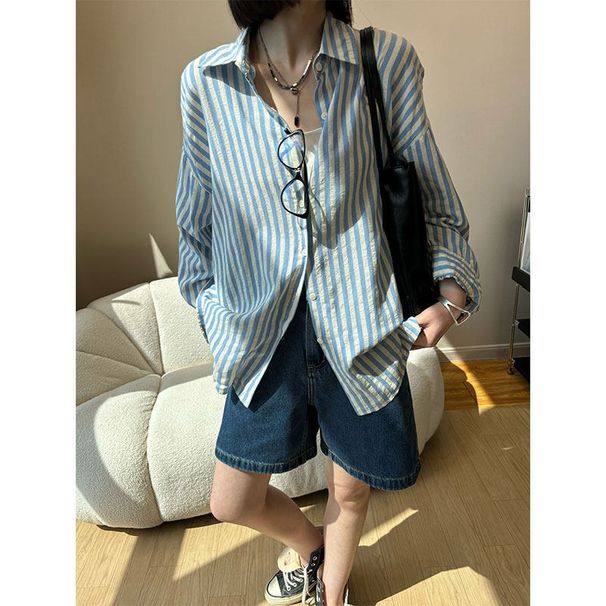 Zhiyu Textured Loose Vintage Vertical Striped Versatile Turn-down Collar Shirt For Women 2026 Spring/Summer New Style_ecoleips.com