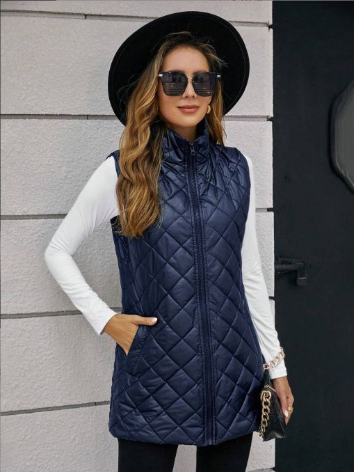 Trendy Quilted Longline Puffer Vest For Women - Lightweight Streetwear Jacket With Stand Collar, Zipper Closure, Multiple Colors (S-XXL)_ecoleips.com