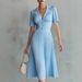 Women's Polo Collar Long Sleeve Dress Chiffon Top Pleated_ecoleips.com