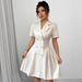 Women's Summer Solid Color Short Sleeve Belted Double Breasted Dress - V-Neck, Midi Length, Workwear & Casual Elegance_ecoleips.com