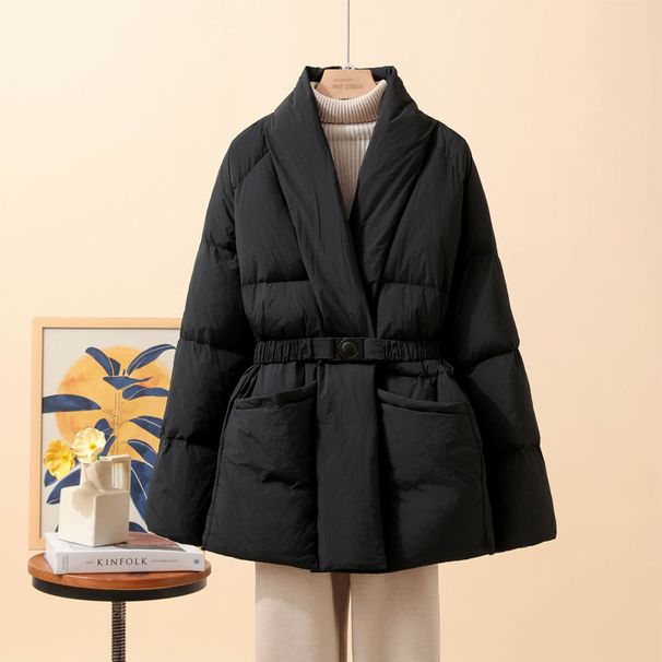 Elegant Winter Down Coat For Women With Belt, Loose Fit Long Puffer Jacket, V-Neck Quilted Outerwear In Black, Beige & Brown_ecoleips.com