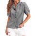 Women's Short Sleeve Button-Down Shirt, Casual Plaid Shirt With Ruffled Collar, Loose Fit Cotton Blend Top For Summer_ecoleips.com