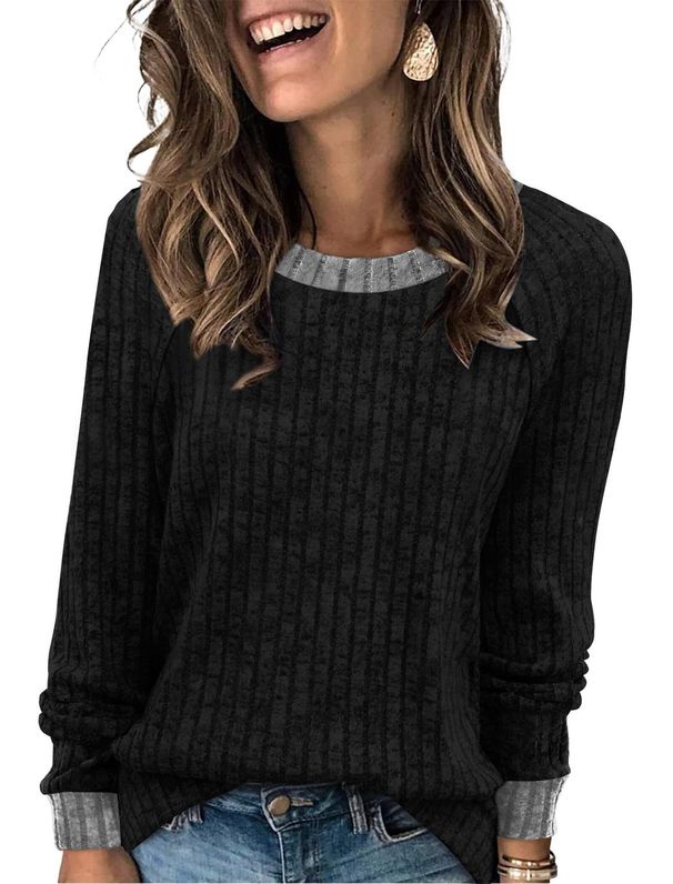 K Women's Pit-stitched Terrycloth Color-blocked Casual Round Neck Pullover Long Sleeve Top_ecoleips.com