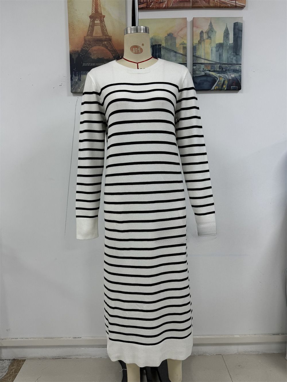 K New Slim-fit Color-blocked Women's Sweater Striped Long Dress Fashion Dress_ecoleips.com