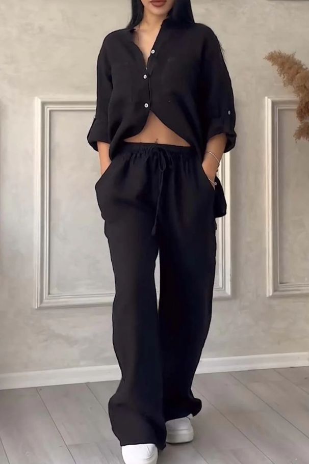 Women's Solid Color Long Sleeved Shirt And Wide Leg Pants Set Single Breasted Two Piece Lace Up Trousers American Style_ecoleips.com