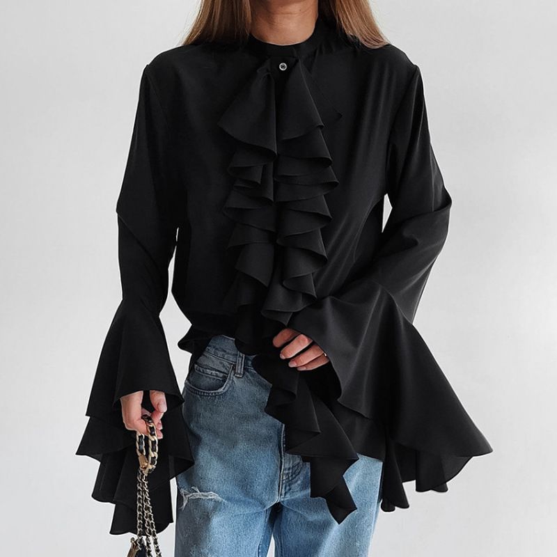 Design Ruffled Long-Sleeved Shirt Autumn And Winter Temperament High-End Cardigan Top For Women_ecoleips.com