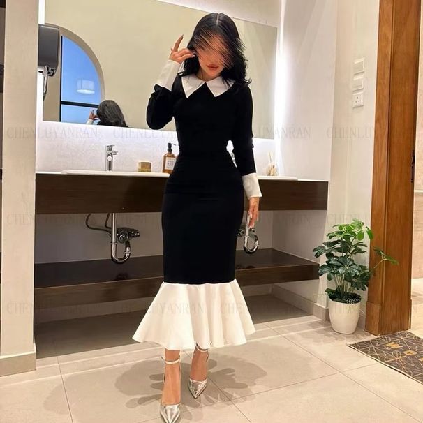 Black Slim Fit Mermaid Long Dress 2024 Autumn European American Style Polyester Muslim Dress for Women_ecoleips.com