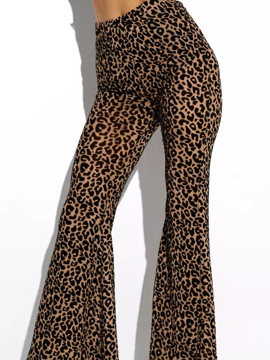 Women's High Waisted Flared Pants - Sexy Mesh Flocked Casual Trousers, Stretchy Comfort Fit, Trendy Leopard Print_ecoleips.com