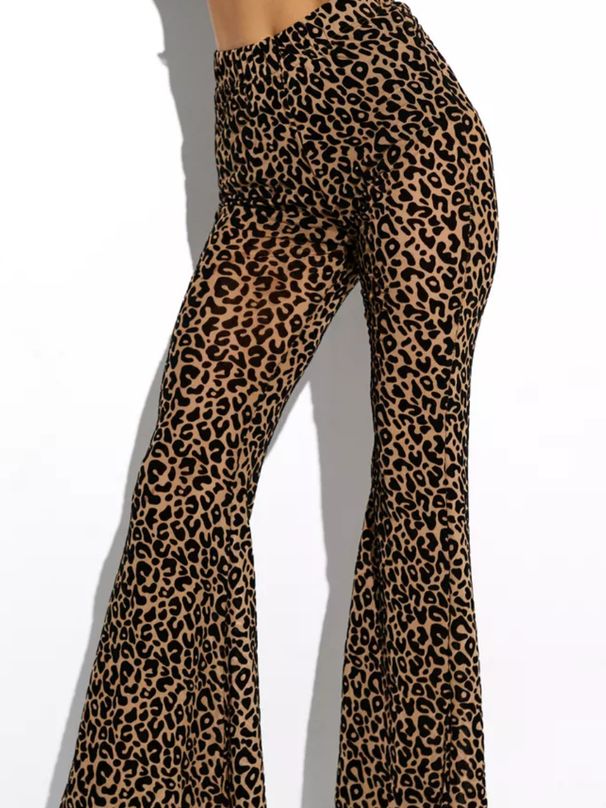 Women's High Waisted Flared Pants - Sexy Mesh Flocked Casual Trousers, Stretchy Comfort Fit, Trendy Leopard Print_ecoleips.com
