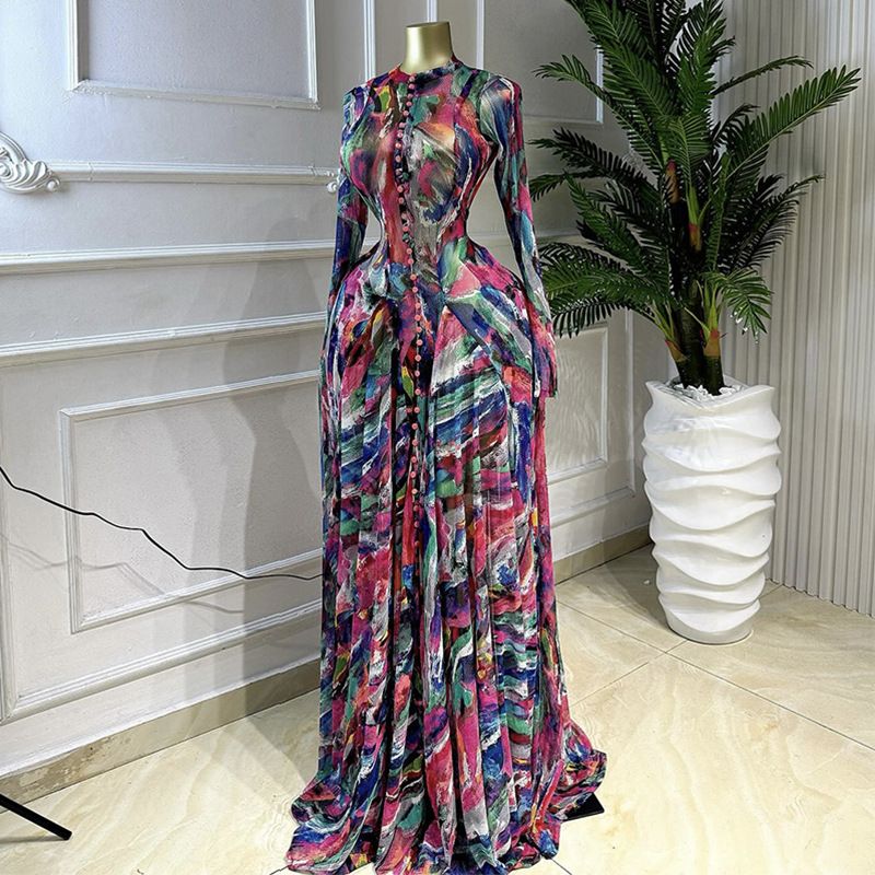 Women's Clothing Elegant Round Neck Printed Dress Long Sleeve Button Down Evening Gown For Spring_ecoleips.com