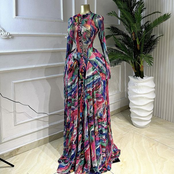 Women's Clothing Elegant Round Neck Printed Dress Long Sleeve Button Down Evening Gown For Spring_ecoleips.com