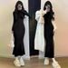 Women's Black Lotus Patterned Fishtail Dress Fur Lined High Neck Slim Fit Bodycon Design for Autumn Winter_ecoleips.com