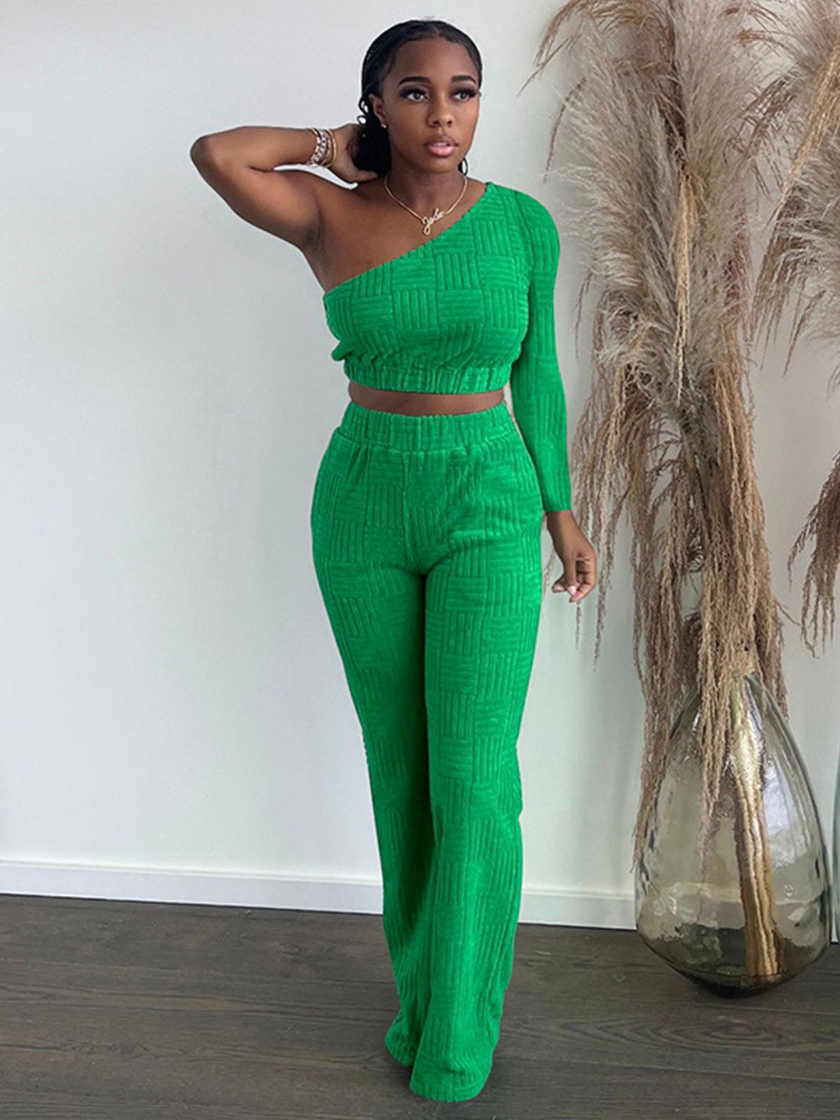 Women's Clothing Towel Jacquard Solid Color Oblique One Shoulder Long Sleeve Trousers Suit_ecoleips.com