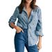 Women's Oversized Polo Collar Blouse Long Sleeve Mid-Length Digital Print Loose Fit Blue Top Heart Print_ecoleips.com