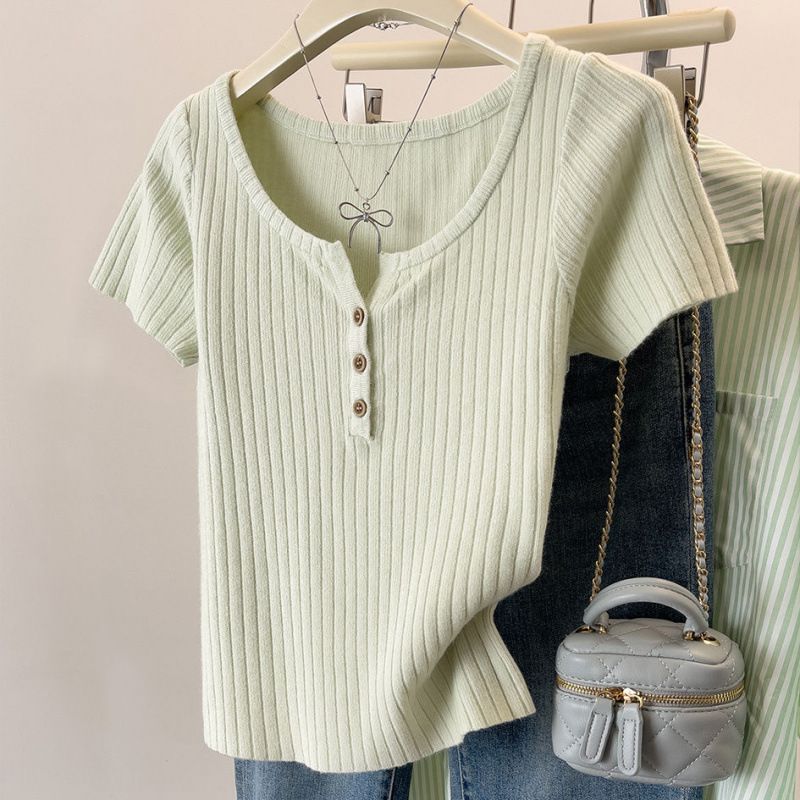 Women's Breathable Knit V-Neck T-Shirt Short Sleeve Lightweight Summer Top Slim Fit Comfort Stretch_ecoleips.com