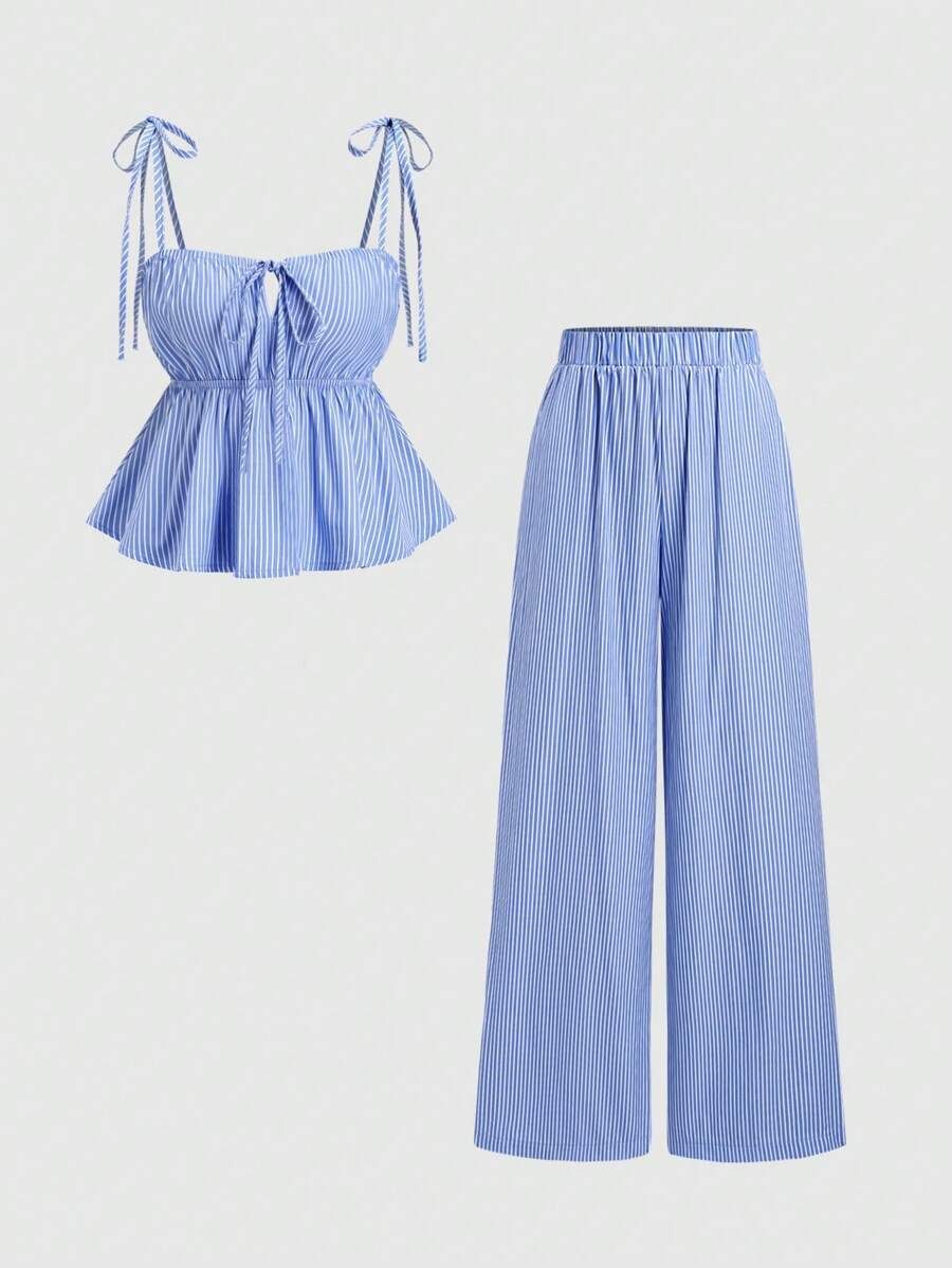 Women's High Waist Wide Leg Palazzo Pants - Blue Vertical Stripes, Lightweight Summer Trousers, Loose Fit & Floor-Length Design_ecoleips.com