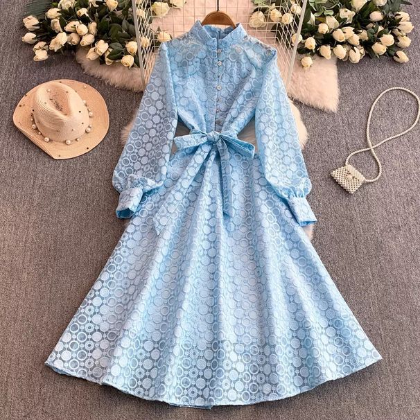 Women's French Heavy Duty Mesh Embroidered Stand Collar Dress Retro Tie Waist Slimming Full Skirt For Autumn Winter_ecoleips.com