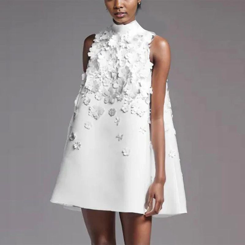 Elegant Stand Collar Short Dress For Women Sleeveless Beaded Three Dimensional Floral Details Sophisticated Loose Fitting New Style_ecoleips.com