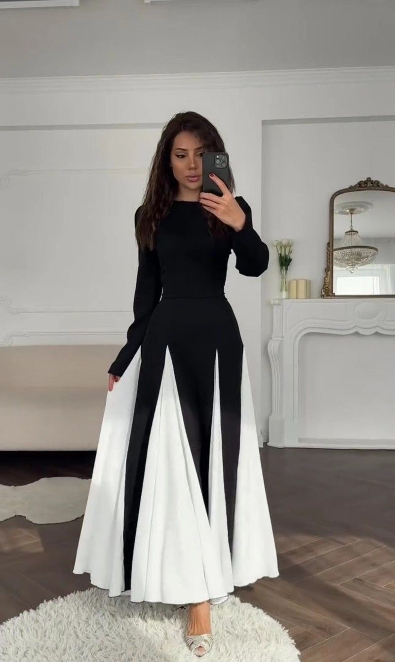 Women's Clothing autumn and winter new women's clothing round neck contrast color long sleeve high waist slim temperament retro dress_ecoleips.com